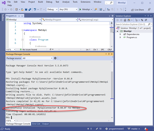 Visual Studio MySqlConnector package toegevoegd